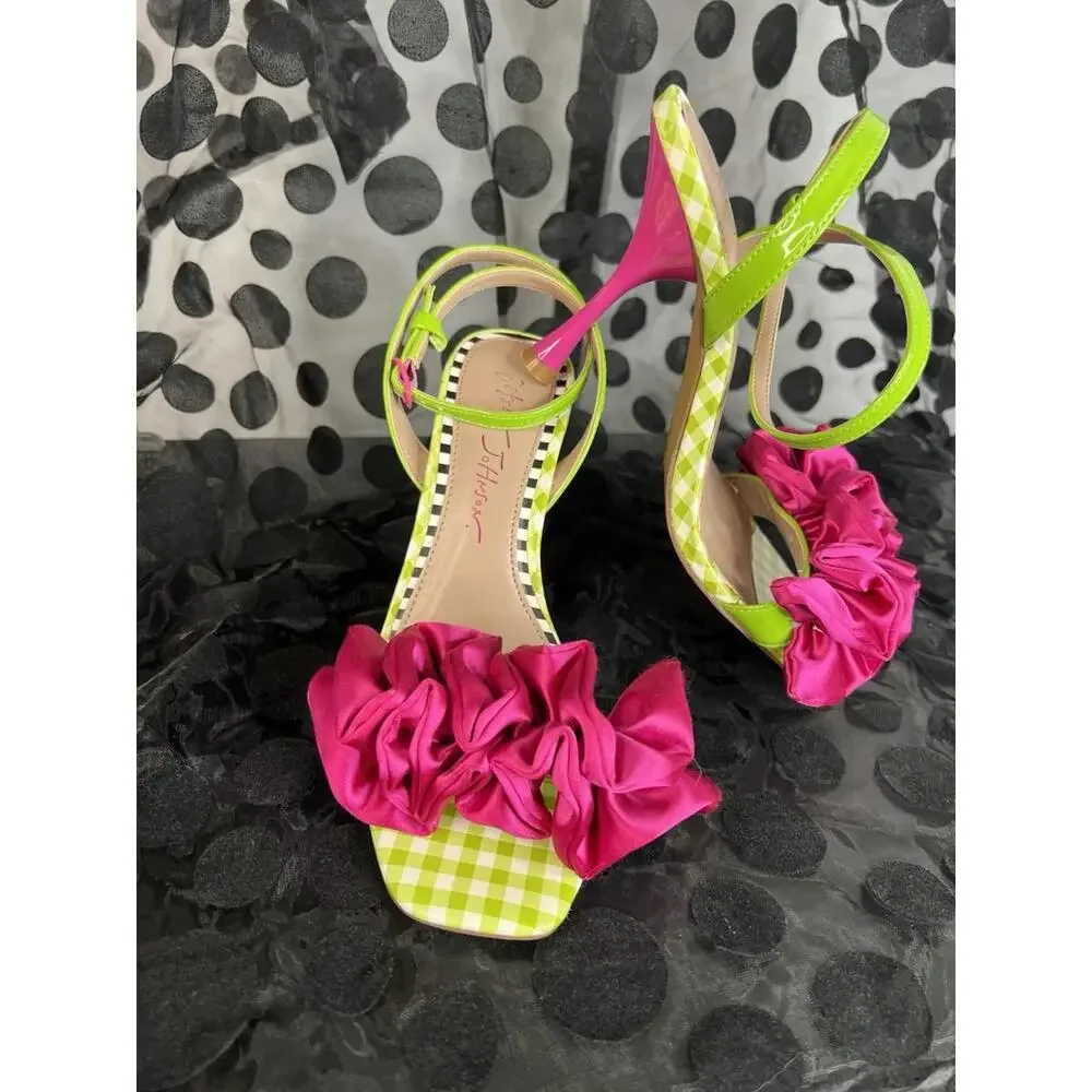 Betsy Johnson  Elmira Green/white gingham print, O/toe heeled sandals Women 6.5 - Picture 3 of 13